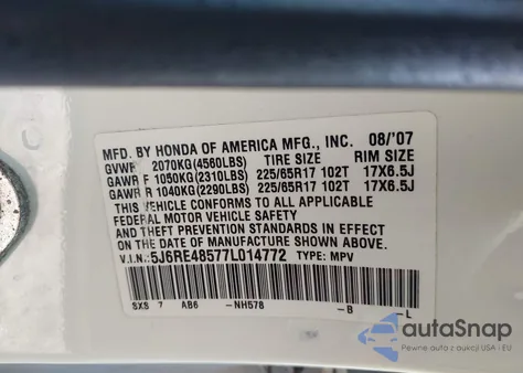 2007 Honda Cr-V Ex z USA, uszkodzony, nr VIN 5J6RE48577L014772